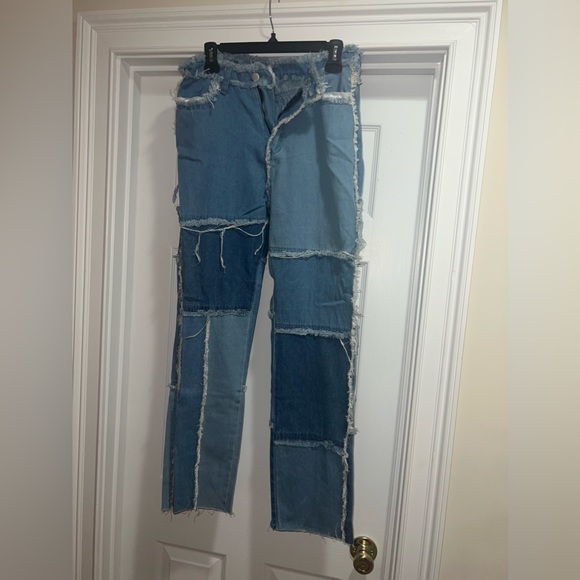 Empty Soda two-toned denim patchwork jeans, NEW high waisted size L - Picture 3 of 5